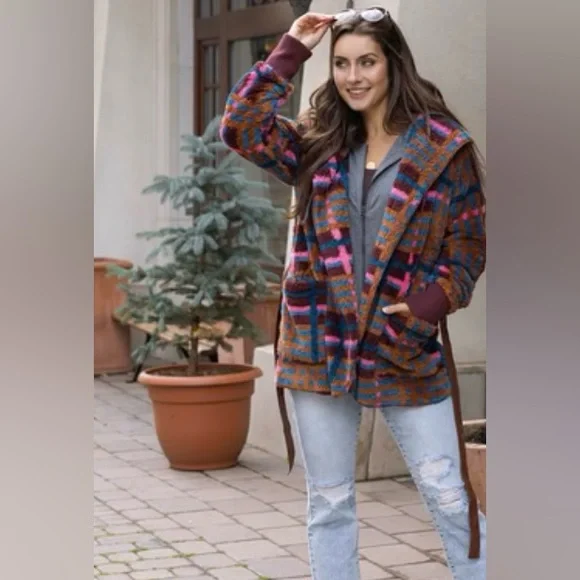Fleece Jewel Plaid Wrap Jacket | Multi Fleece Plaid Wrap Jacket L/XL - Picture 2 of 12